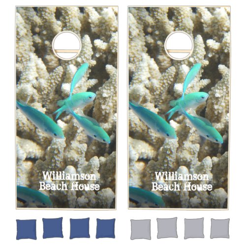 Tropical Beach House Blue Fish Coral Reef Cornhole Set
