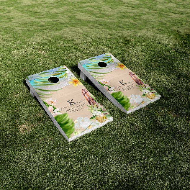 Tropical Beach House Floral Surf Monogram Cornhole Set (Creator Uploaded)
