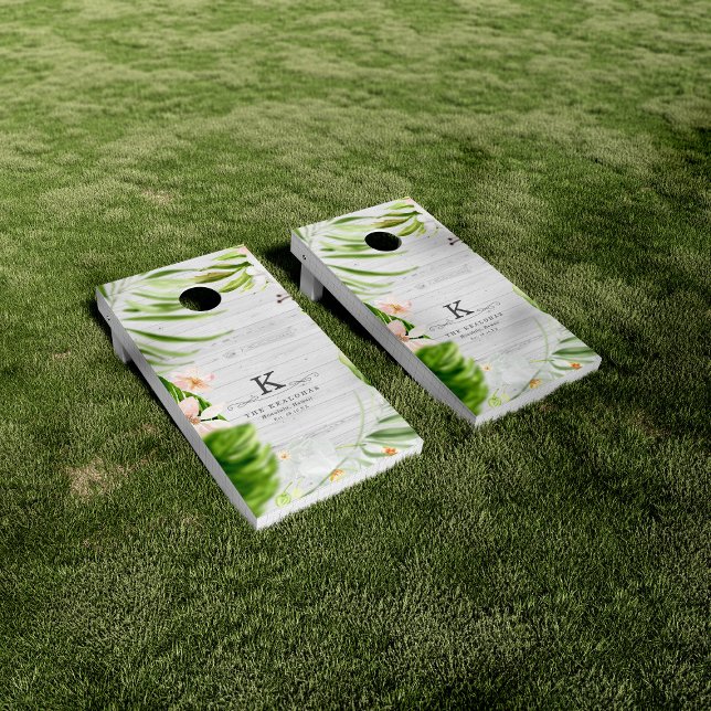 Tropical Beach House Floral & Wood Monogram Cornhole Set (Creator Uploaded)