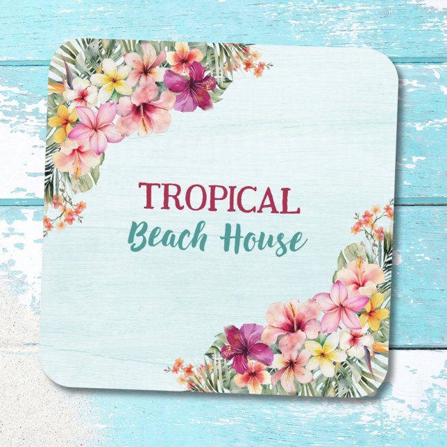 Tropical Beach House Pink Flowers Floral Botanical Beverage Coaster (In situ)