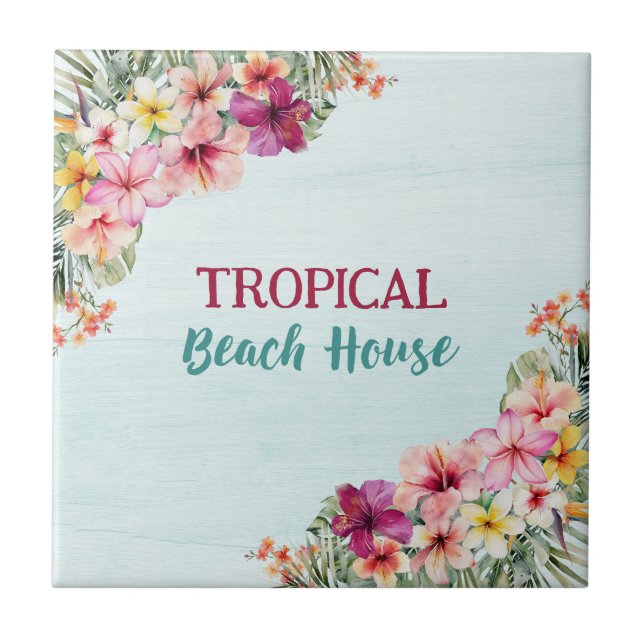 Tropical Beach House Pink Flowers Floral Botanical Ceramic Tile (Front)