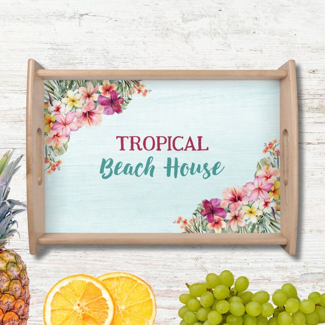 Tropical Beach House Pink Flowers Floral Botanical Serving Tray (In situ)