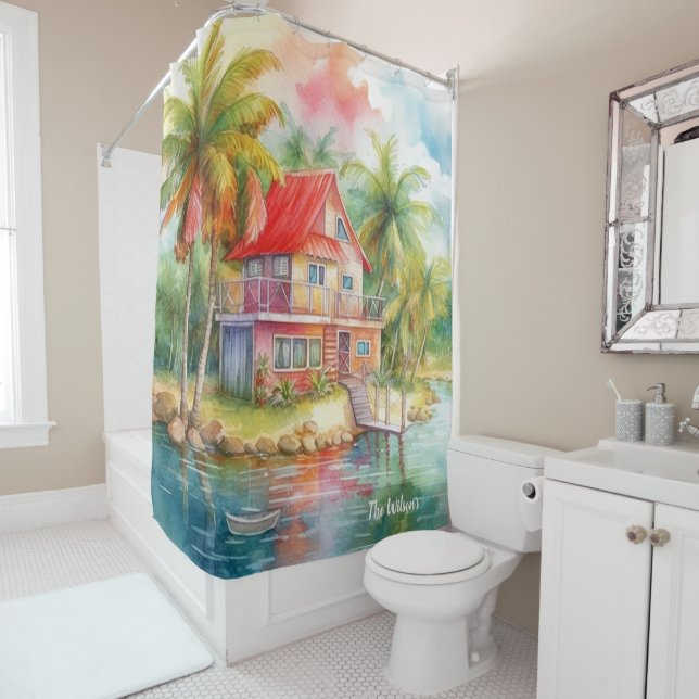 Tropical Beach House Shower Curtain (In Situ)