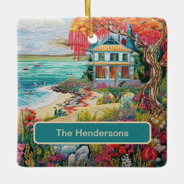 Tropical Beach House Turquoise Pink Name Christmas Ceramic Ornament (Front)