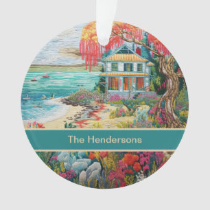 Tropical Beach House Turquoise Pink Name Christmas Ornament