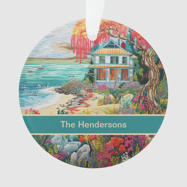 Tropical Beach House Turquoise Pink Name Christmas Ornament (Front)