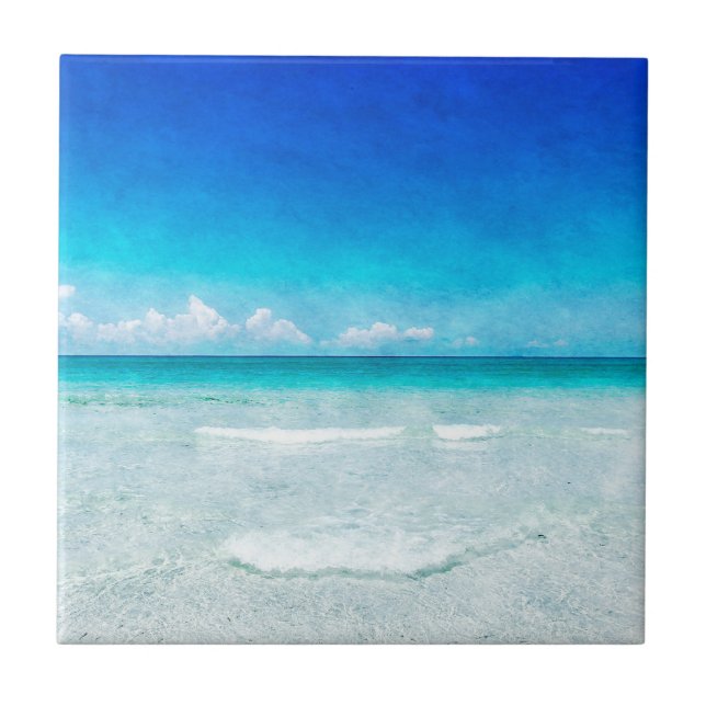 Tropical Beach in Teal Aqua Turquoise Blue Florida Ceramic Tile (Front)