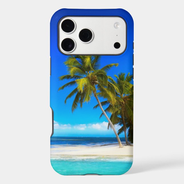 Tropical Beach Iphone Case (A phone case featuring a vibrant beach scene. The case is predominantly blue around the edges.)