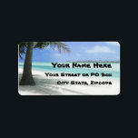 Tropical Beach Label<br><div class="desc">Beautiful photo of an exotic white sand tropical beach with a palm tree.</div>