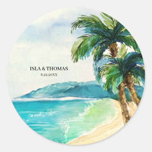 Tropical Beach Lagoon | Palm Tree Paradise Wedding Classic Round Sticker (Front)