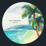 Tropical Beach Lagoon | Palm Tree Paradise Wedding Classic Round Sticker<br><div class="desc">Tropical Beach Lagoon wedding sticker (or envelope seals) feature a watercolor island paradise with a tranquil turquoise lagoon,  palm trees and sandy shore. In addition to weddings,  these would also be perfect for a shower,  engagement party or anniversary. Original artwork by KL Stock.</div>