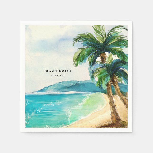 Tropical Beach Lagoon | Palm Tree Paradise Wedding Napkins (Front)