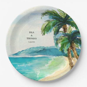Tropical Beach Lagoon | Palm Tree Paradise Wedding Paper Plates