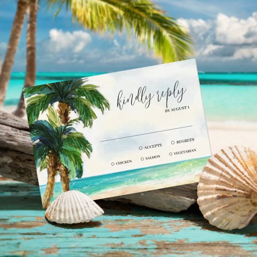 Tropical Beach Lagoon  Palm Tree Paradise Wedding RSVP Card