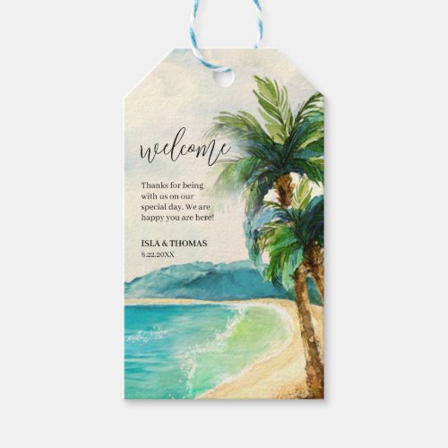 Tropical Beach Lagoon  Palm Tree Wedding Welcome Gift Tags