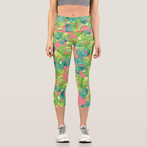 Tropical Beach Leaf Pattern Greenery Coral Yoga Capri Leggings