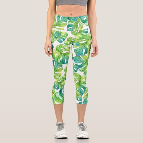 Tropical Beach Leaf Pattern Greenery White Yoga Capri Leggings