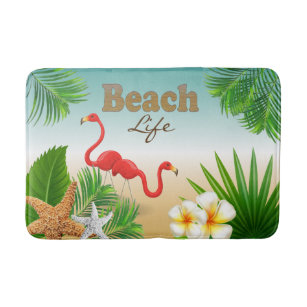 Tropical Beach Life Design with Flamingo Birds Bathroom Mat