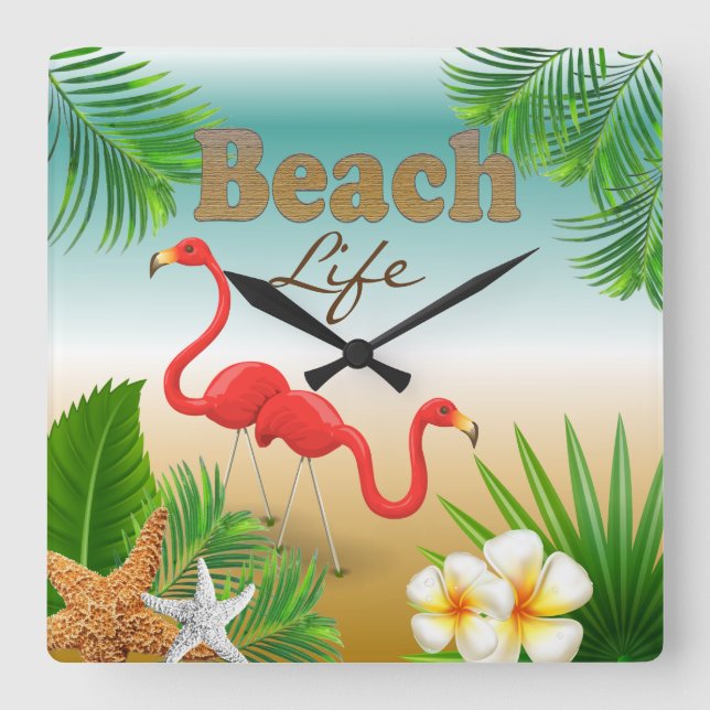Tropical Beach Life Design with Flamingos Square Wall Clock (Front)