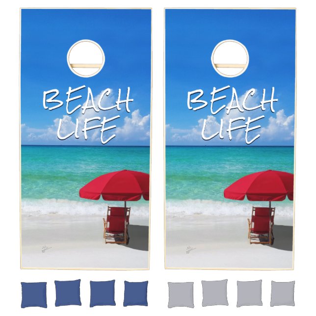Tropical Beach Life Quote Red Beach Umbrella Chair Cornhole Set (Set)