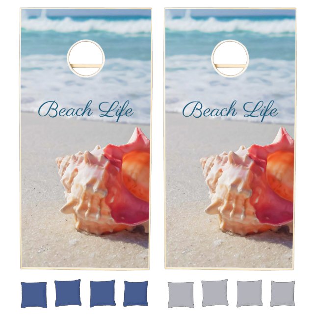 Tropical Beach Life Quote Shell Coral Blue Custom Cornhole Set (Set)