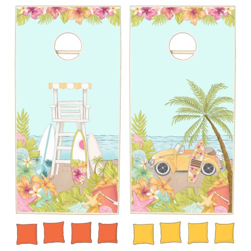 Tropical Beach Lifeguard Stand Surfboards Floral Cornhole Set