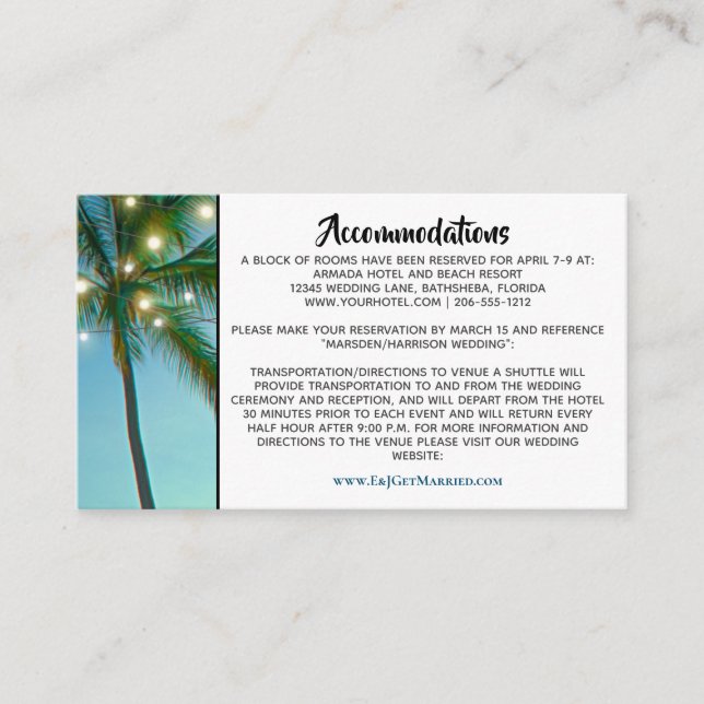 Tropical Beach Lights Ombre Wedding Accommodations Enclosure Card (Front)