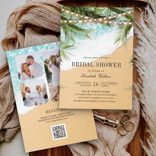 Tropical Beach Lights Photo QR Code Bridal Shower Invitation