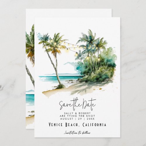 Tropical beach lights save the date card
