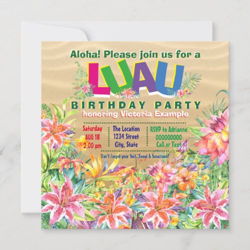 Tropical Beach Luau Birthday Party Invitation