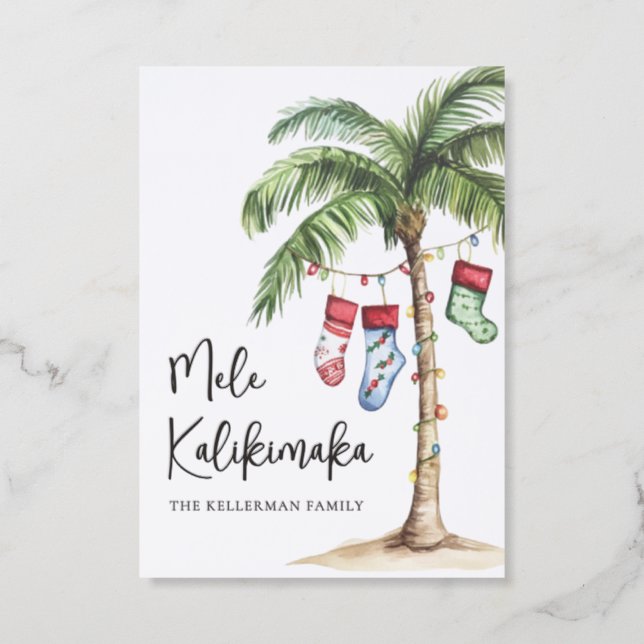 Tropical Beach Mele Kalikimaka Christmas Letterpress Photo Cards (Front)