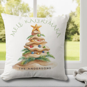 Tropical Beach Mele Kalikimaka Christmas Tree Throw Pillow