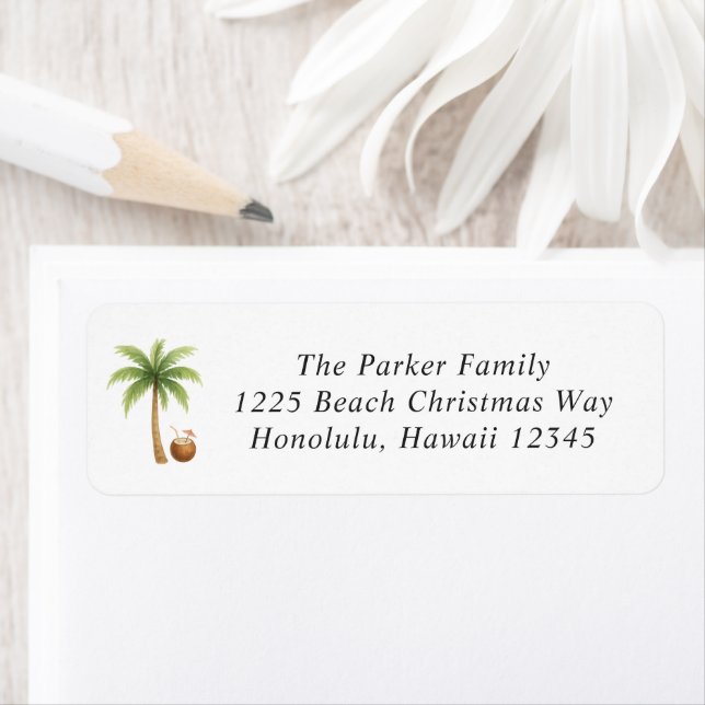 Tropical Beach Modern Christmas Return Address Label (Insitu)