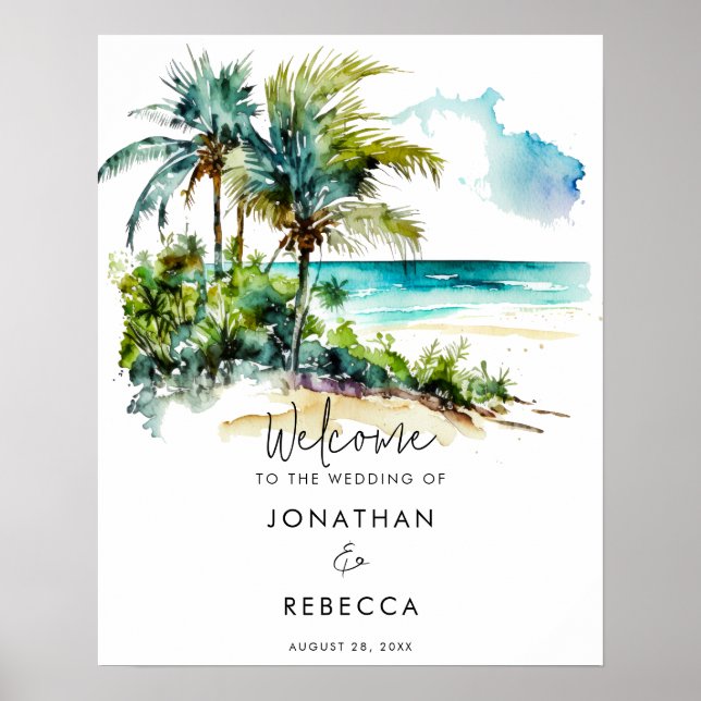 tropical beach modern wedding welcome sign poster (Front)