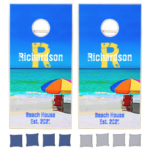 Tropical Beach Monogram Family Name Beach Umbrella Cornhole Set