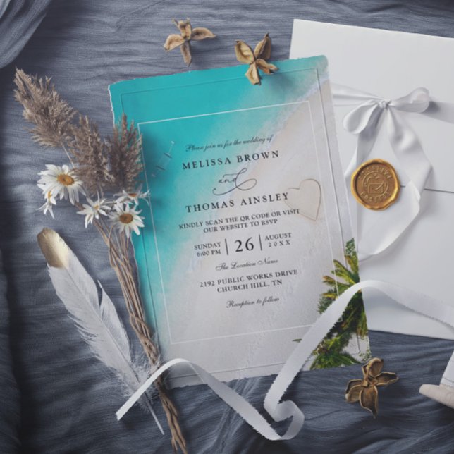 Tropical Beach Monogram Modern QR Code Wedding Invitation (Creator Uploaded)