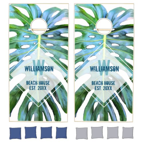 Tropical Beach Monogram Monstera Leaf Family Name Cornhole Set