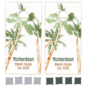 Tropical Beach Monogram Palm Trees Hawaii Rustic Cornhole Set