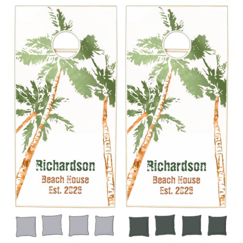 Tropical Beach Monogram Palm Trees Hawaii Rustic Cornhole Set