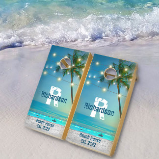 Tropical Beach Monogram Palm Trees String Lights Cornhole Set