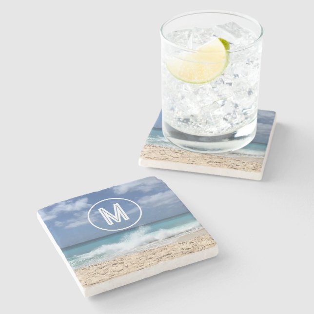 Tropical Beach Monogram Stone Coaster (Side)