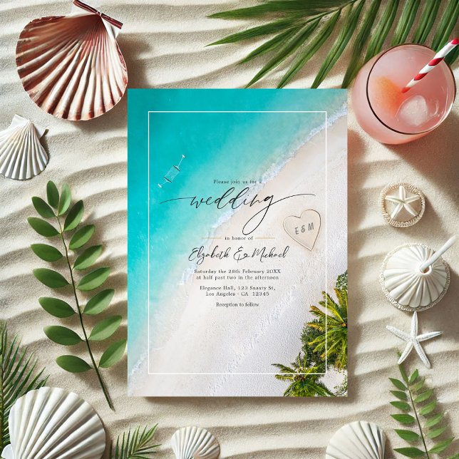 Tropical Beach Monogram Wedding Photo and QR Code Invitation (Tropical Beach Monogram Wedding Photo and QR Code Invitation)