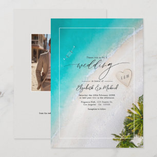 Tropical Beach Monogram Wedding Photo and QR Code Invitation