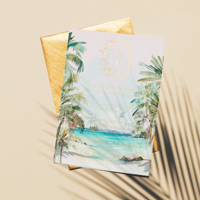 Tropical Beach | Monogram Wedding Table Thank You Foil Invitation (Creator Uploaded)