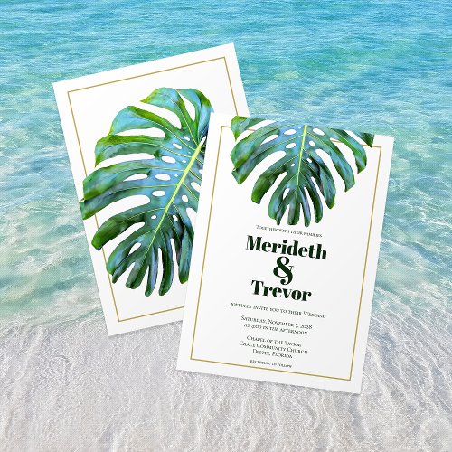 Tropical Beach Monstera Leaf Gold Modern Bold Text Invitation