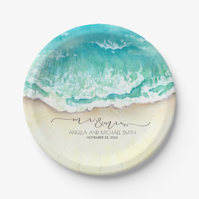 Tropical Beach Mr and Mrs Wedding Paper Plates (Front)
