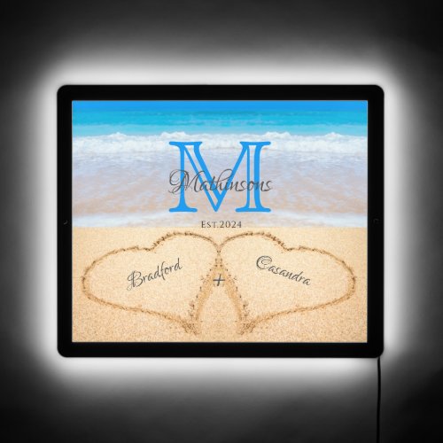 Tropical Beach Names in Hearts Sand Wedding Light LED Sign