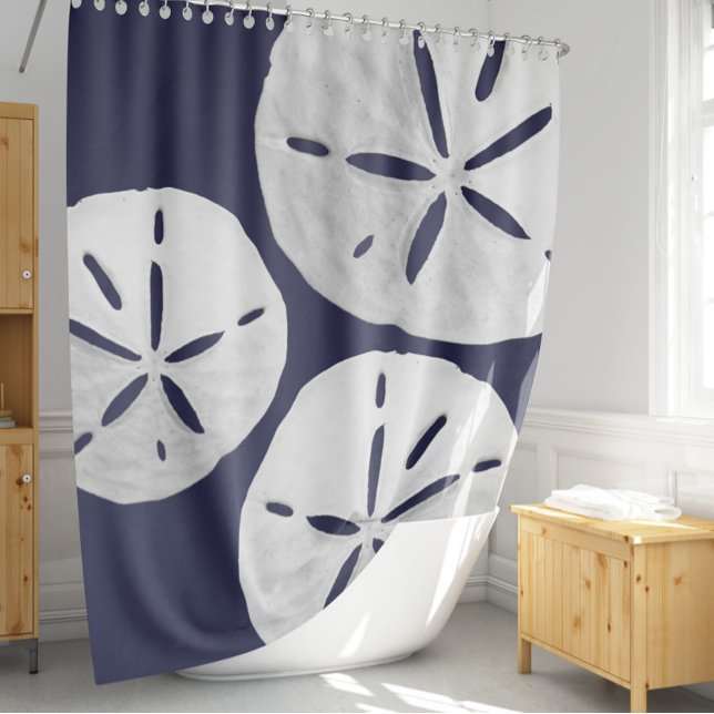 Tropical Beach Navy Blue White Sand Dollar Coastal Shower Curtain (Creator Uploaded)
