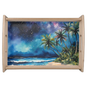 Tropical Beach Night Sky Watercolors Serving Tray
