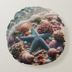 Tropical Beach Ocean Blue Starfish Seashells Round Pillow